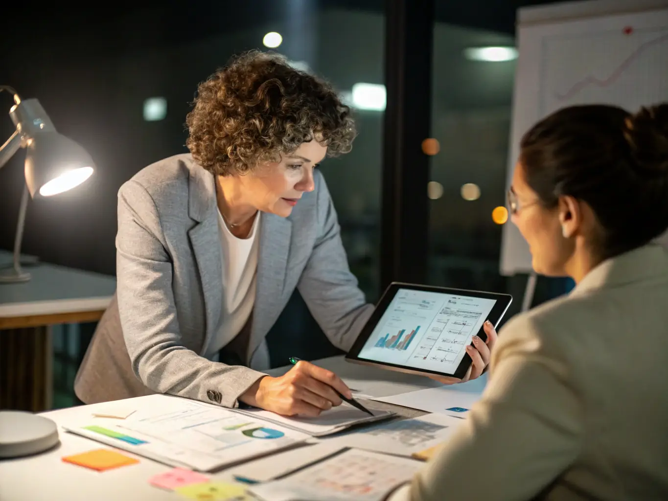 A professional business coach guiding a client through a visualization exercise, with a whiteboard displaying strategic planning concepts in the background. The scene is set in a modern, bright office space.