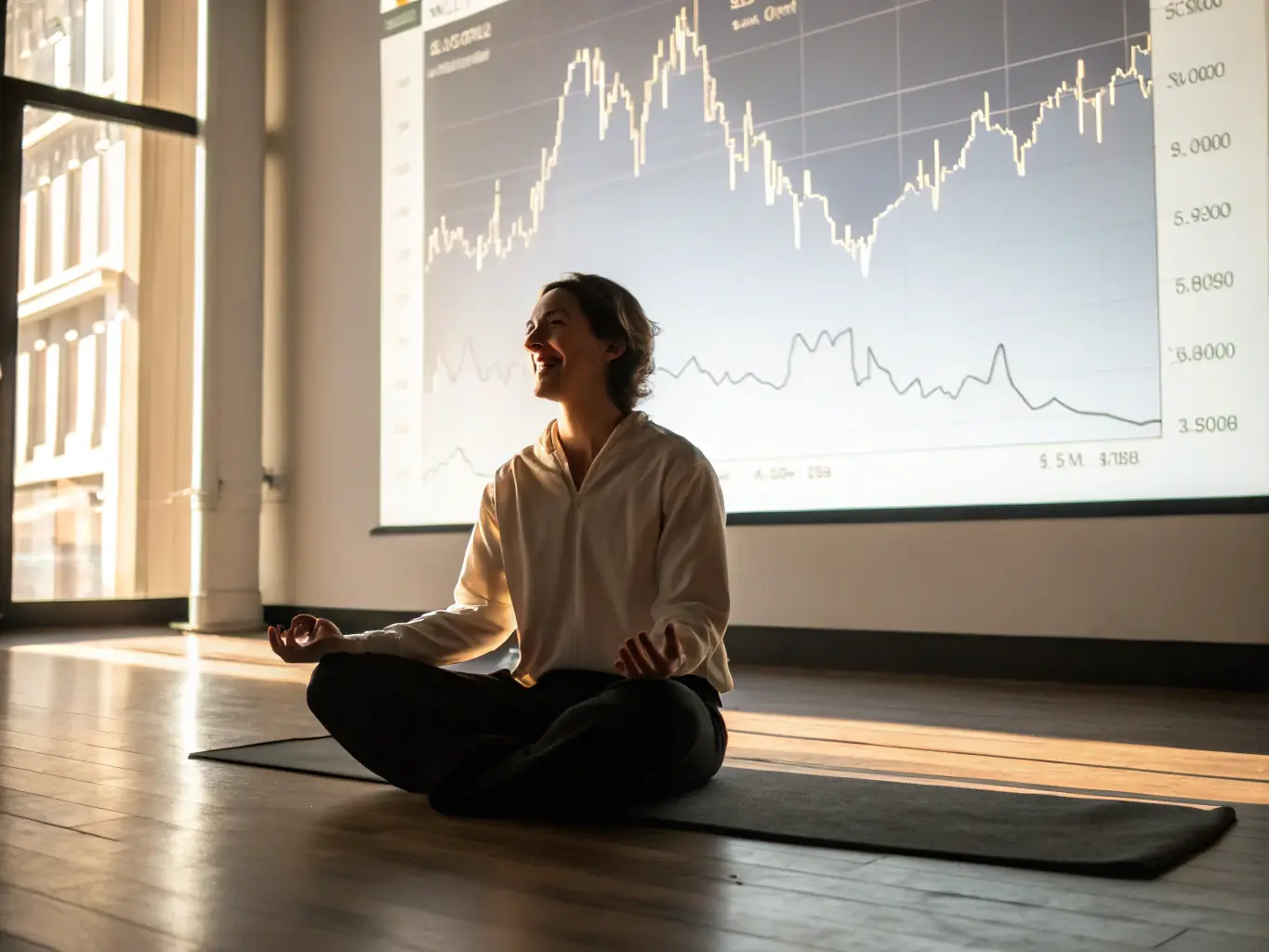 A person meditating and visualizing success, with symbolic representations of financial growth and positive mindset surrounding them.