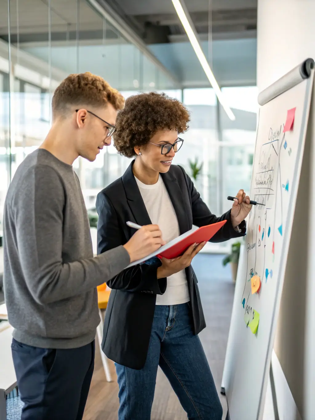 A coach and client collaboratively working on a success plan, using a whiteboard with strategic goals and timelines, emphasizing success planning and actionable steps.